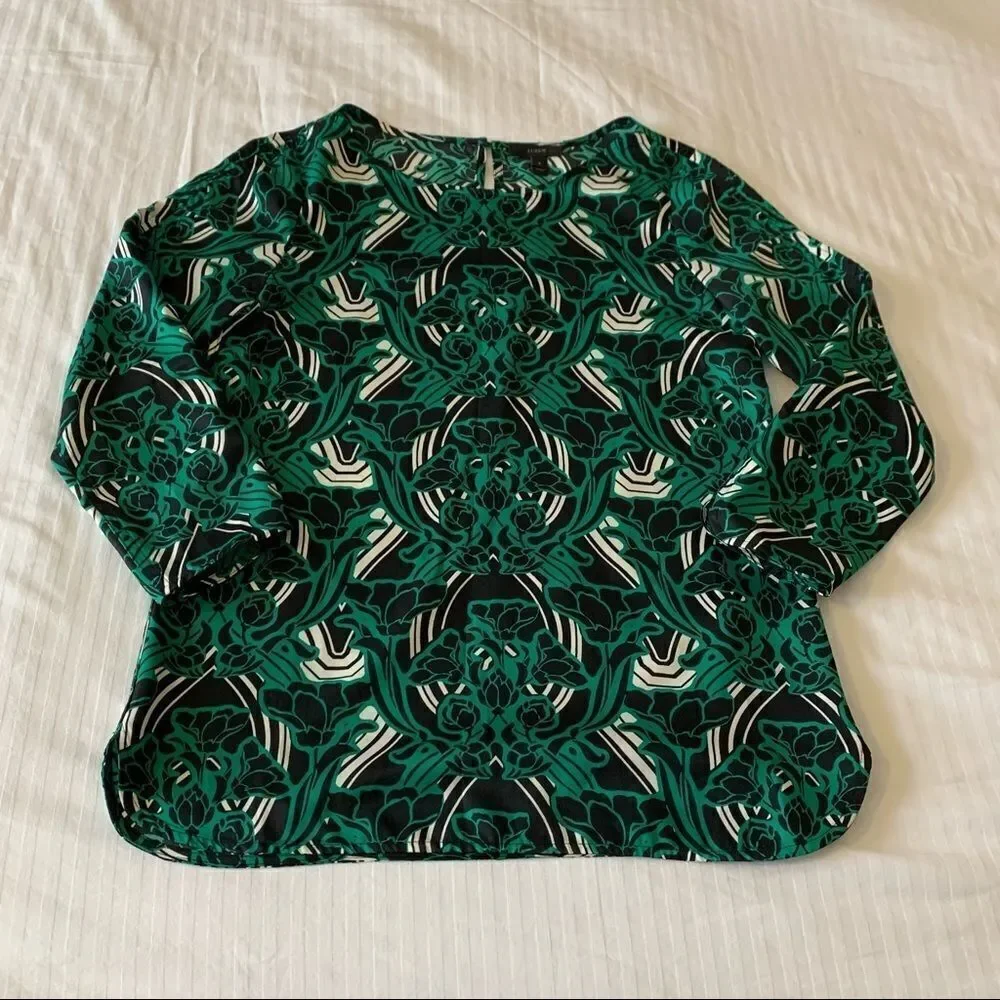 J. Crew Womens Blouse Shirt Green 3/4 Sleeve Retro Floral Popover Size 2